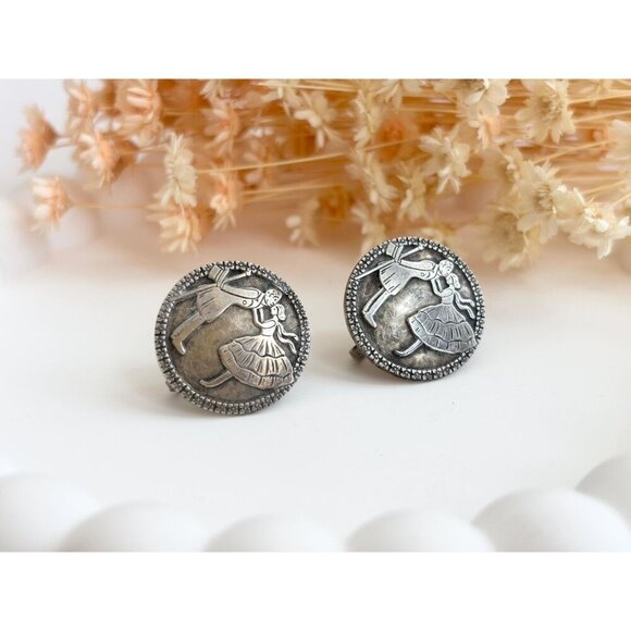 Handmade 30's Antique Courting Couple Sterling Silver Screw Back Vintage Studs - Picture 3 of 8